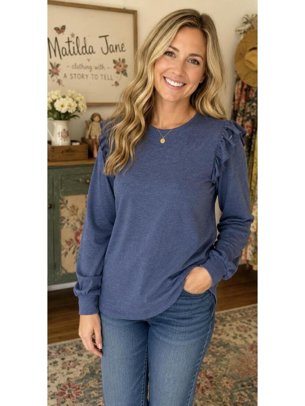 Matilda‎ Jane Blue Ruffle Shoulder Top Small Adult Long Sleeve
